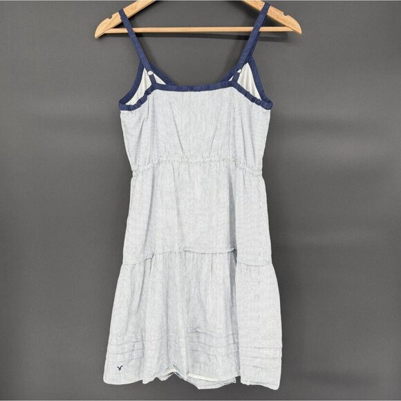 American Eagle Women's Pinstripe Bow Tie Tiered Summer Dress Size 6 Blue White - Picture 2 of 9